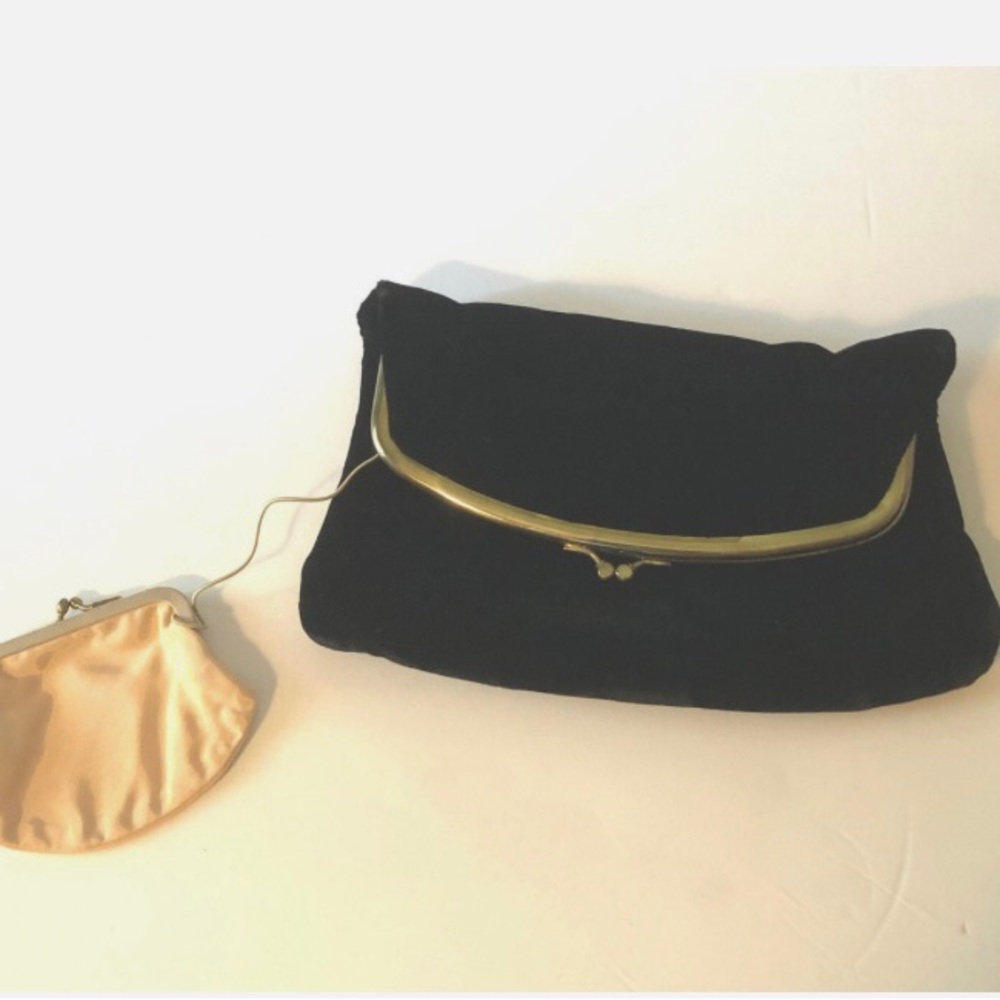 Vintage Black Velvet Foldover Clutch Attached Coin Change Purse Kiss Lock